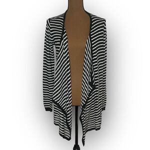 AB Studio, Fly Away Waterfall Draped Black White Striped Cardigan Women’s Medium